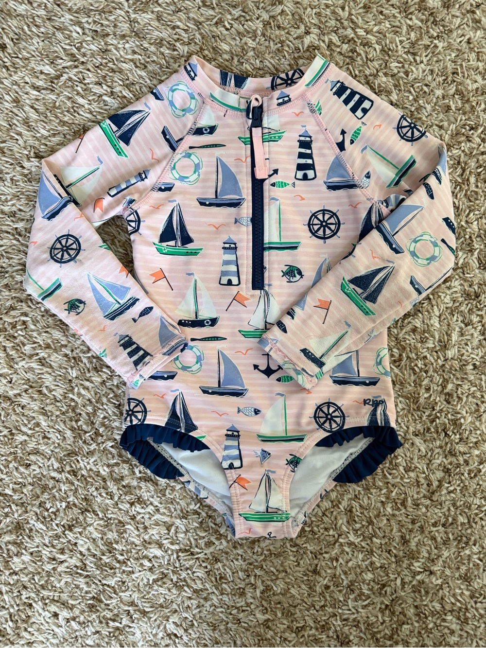 Ruffle Butts Pink Nautical Print Long-Sleeve One-Piece Swimsuit